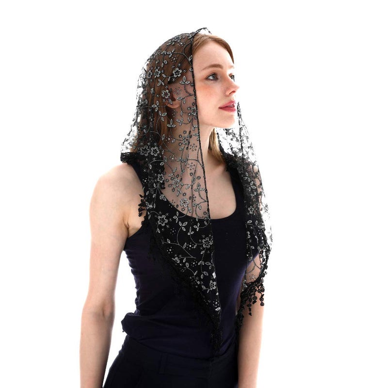 LMVERNA Cathedral Wedding Veil Mantilla Catholic Veil Head Covering Latin Mass (Black) - Image 2